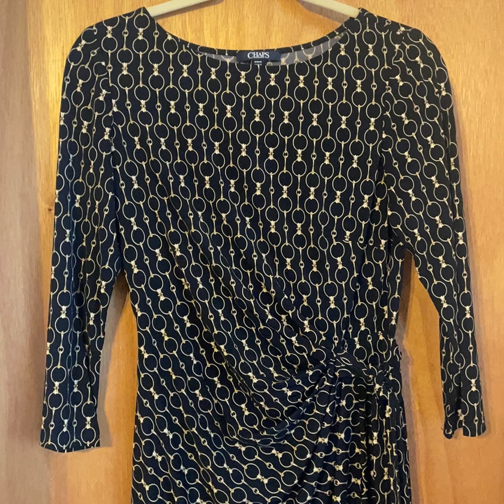 Chaps dress black with gold.